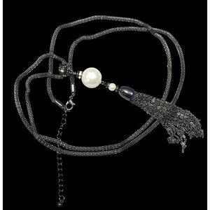 Glam Goth Gunmetal Mesh And Pearl Tassel Necklace